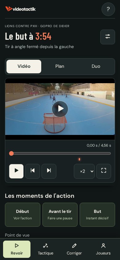 Aperçu réel de la démo Videotactik sur un écran mobile, avec vidéo, ralentis et navigation à quatre entrées